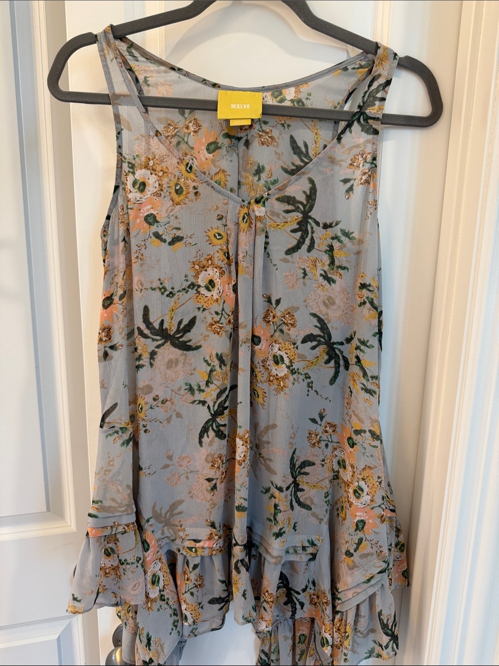 Maeve Dusty Blue Floral Ruffle-Hem Sleeveless Dress